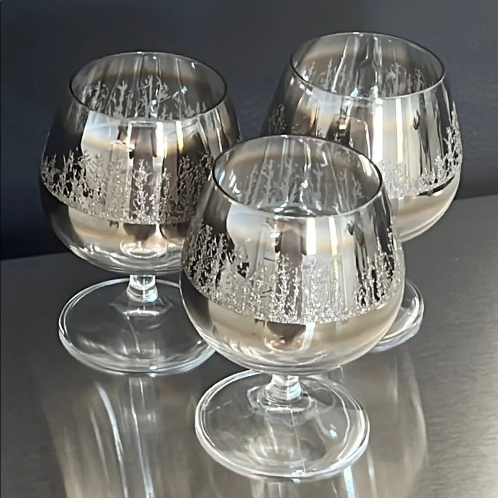 Vintage MCM 1950's Platinum Ombre Fade Snifter Glasses Raised Design (Set of 3)
